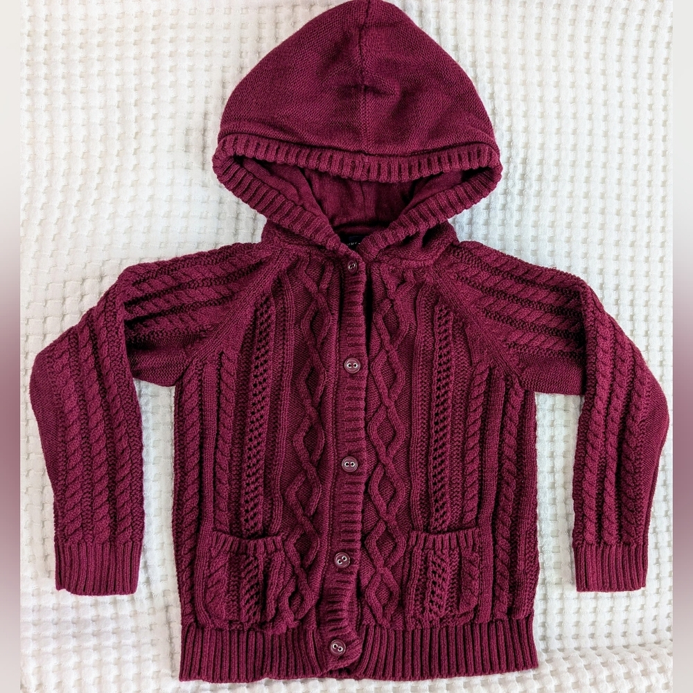 Tommy Hilfiger Burgundy Red Chunky Knit Hooded Kids Cardigan Sweater Size 3T